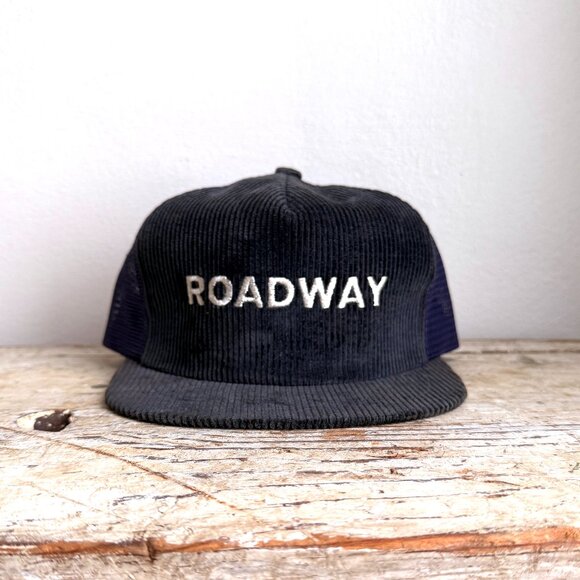 Vintage ROADWAY Corduroy Trucker Hat Navy Blue Mesh Snapback Swingster - Picture 1 of 7